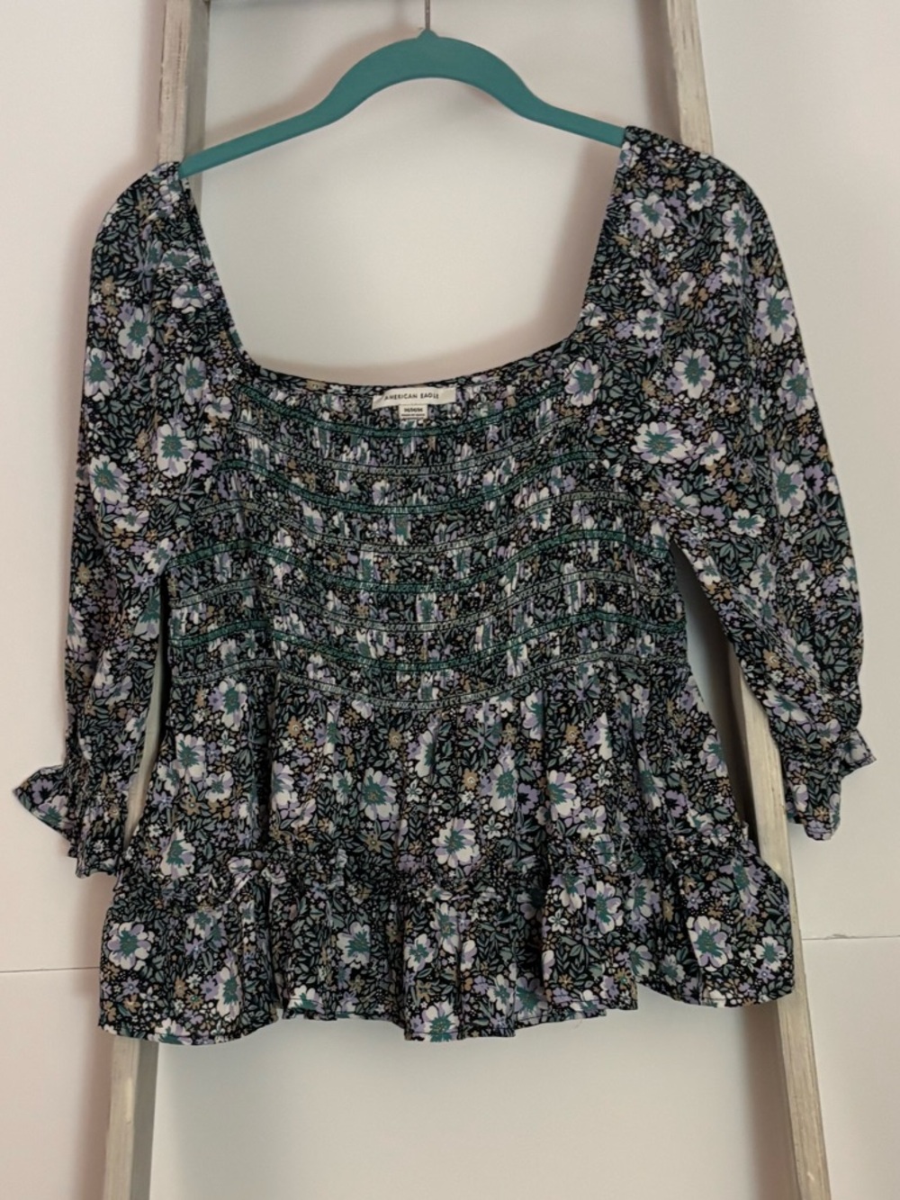American Eagle Women Med Floral Smocked Peplum Top, cottage-core, peasant, boho
